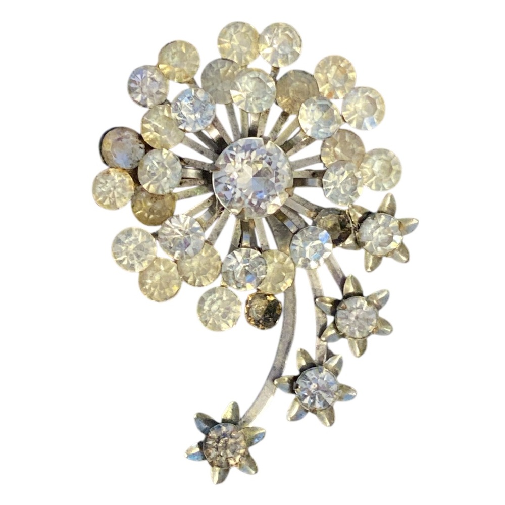 Vintage Rhinestone Floral Starburst Brooch Silver Tone Mid Century Estate
